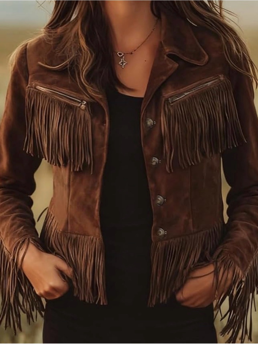 Cowgirl Faux Suede Fringe Western Jacket sz M Real Buffalo Nickel buttons - NEW!